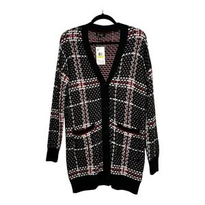 Jessica Simpson NWT Maria Plaid Longline Cardigan Sweater Black Red White Size M